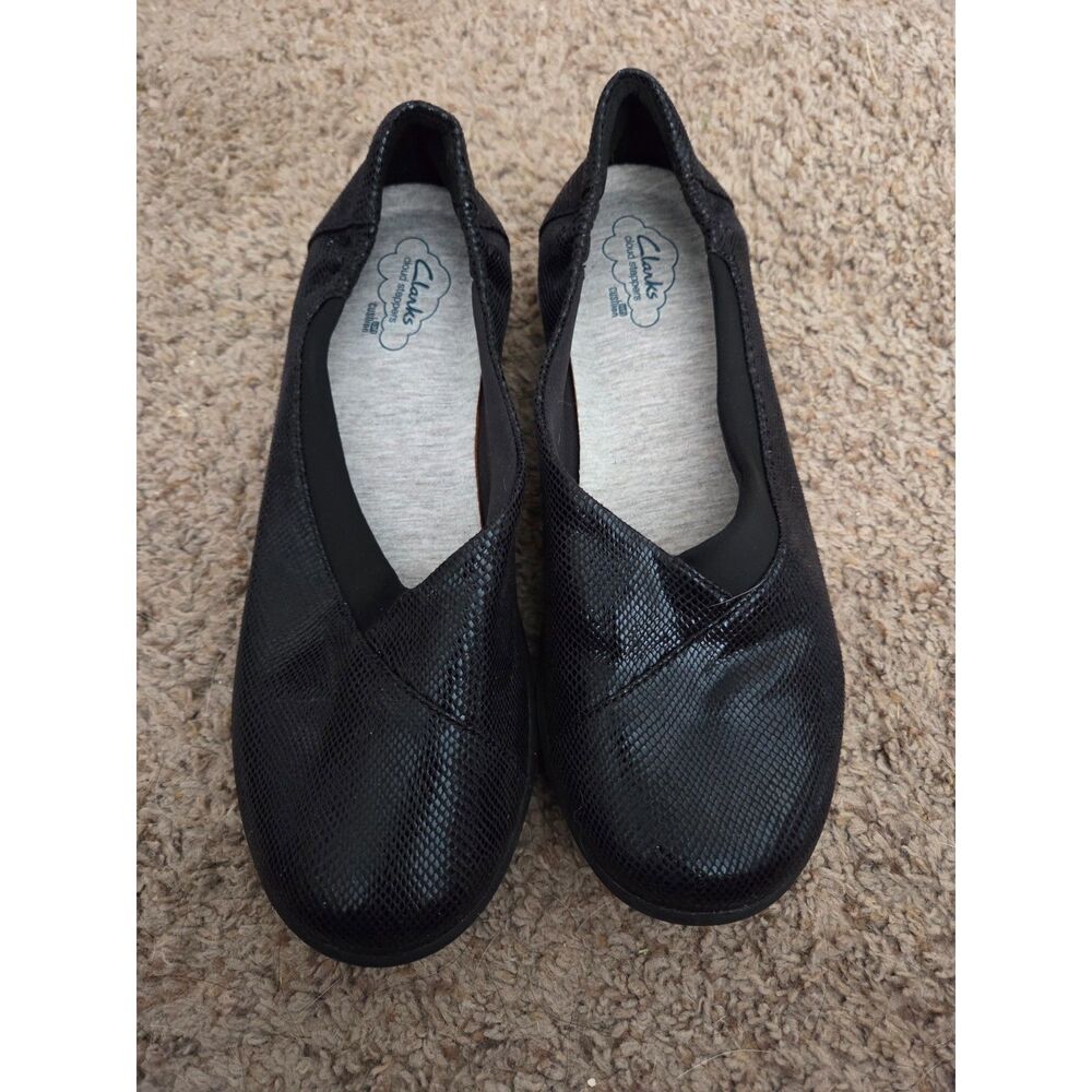 Clarks Cloudsteppers Black Textured Slip-On Comfort Flats